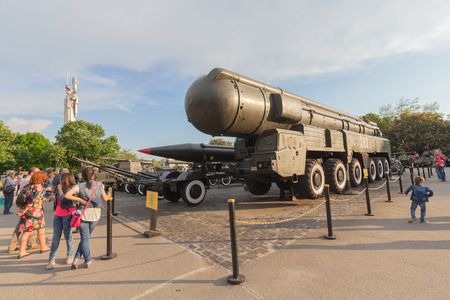 Kiev, Ukraine - May 09, 2016: Visitors to the museum of military equipment near the specimen missile system of medium-range SS-20のeditorial素材