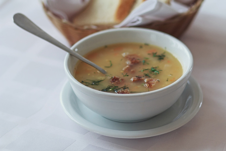Plate with soup on a table close-up. Foodの写真素材