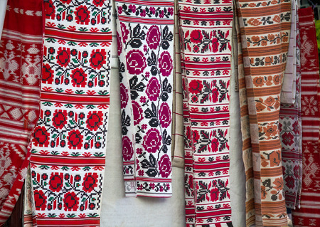 Towels with traditional Ukrainian embroidery on saleの写真素材