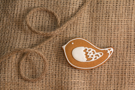 Cookies in the shape of a bird on a textile background. Foodの写真素材
