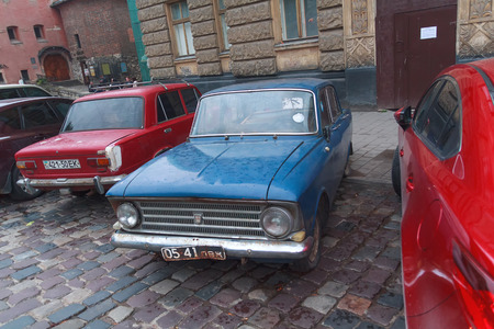 Lviv, Ukraine - October 18, 2015: Old soviet car parked on a city streetのeditorial素材