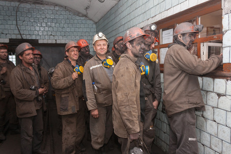 Makeevka, Ukraine - June 11, 2013: Miners of the mine "CKholodnaya Balka" after the working shiftのeditorial素材
