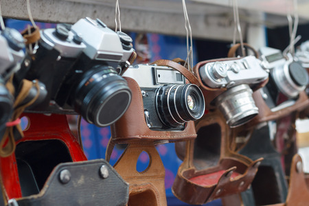 Collection of antique retro-film analog cameras on the flea marketの写真素材