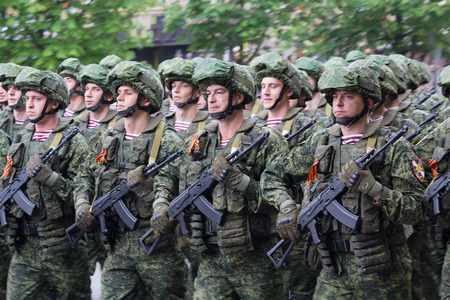 Donetsk, Ukraine - May 9, 2017: Infantrymen of the army of the Donetsk People's Republic at the...