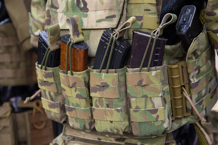 Pouches for ammunition closeup. Weapons and ammunition