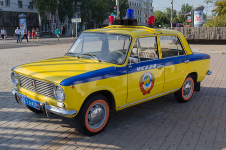 Donetsk, Ukraine - August 27, 2017: Soviet police car during an exhibition in the central square of the city at the celebration of the city's dayのeditorial素材