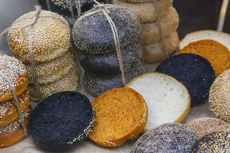 Colorful bunss on the store shelf. Food