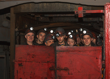 Torez, Ukraine - November 25, 2013: Miners mines "Progress"  fall into underground workings for a shiftのeditorial素材