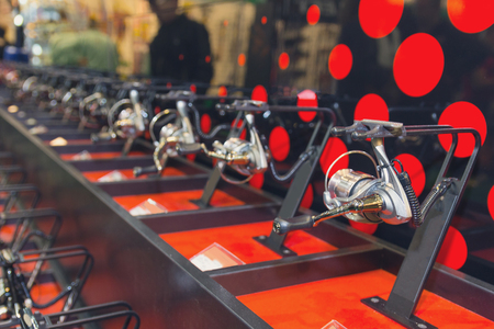 Fishing tackle on the counter shop. Hobby.の写真素材