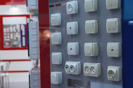 Electrical household switches on the stand in the store. Saleの写真素材