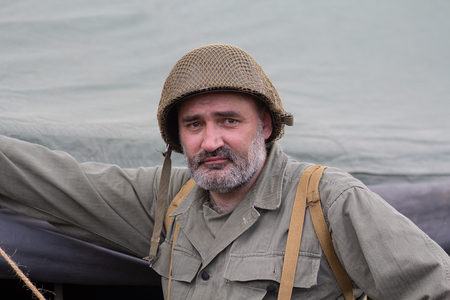 Kiev, Ukraine - May 9, 2018: Man in the form of a soldier of the American army of the Second World...