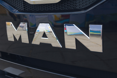 Kiev, Ukraine - June 08, 2018: Logotype of the truck MAN on the car cabinのeditorial素材