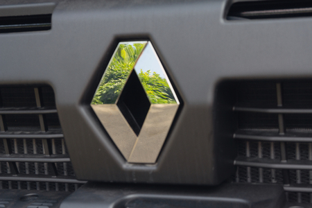 Kiev, Ukraine - June 08, 2018: Logotype of the truck Renault on the car cabinのeditorial素材