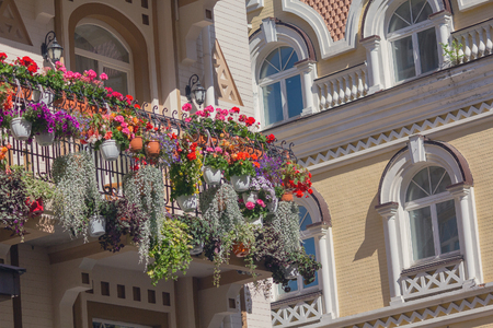 Flowers on the balcony of a luxury house in a classic style. Architectureの写真素材