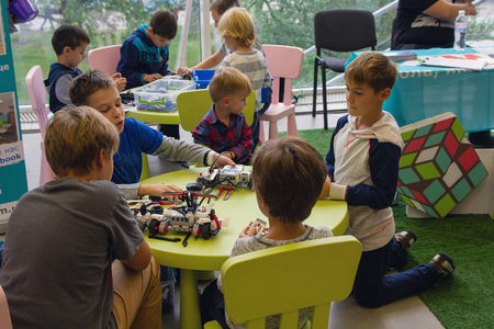 Kiev, Ukraine - September 30, 2017: Children get acquainted with robotics at the festival of STEM-educationのeditorial素材