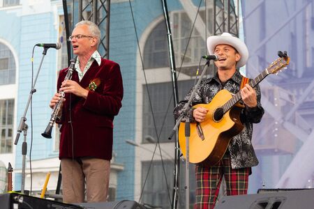 Kiev, Ukraine - May 12, 2018: Ethnic band Hudaki Village Band on the stage Kleyzmer festivalのeditorial素材