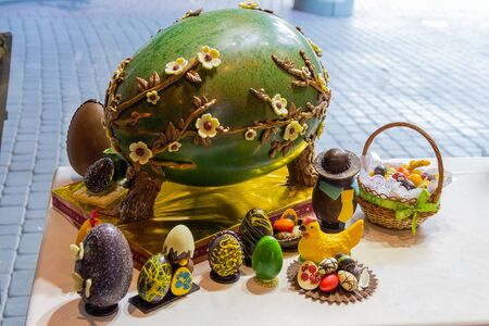 Uzhhorod, Ukraine - April 27, 2016: Llarge chocolate egg is on sale in a confectioner's shop