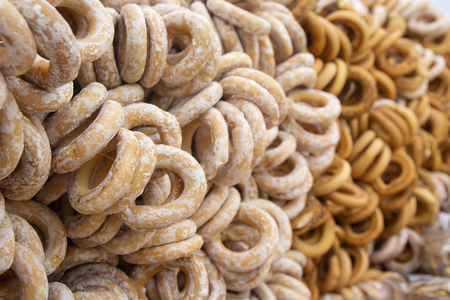 Background of a large number of spilling bread-ring. Foodの写真素材