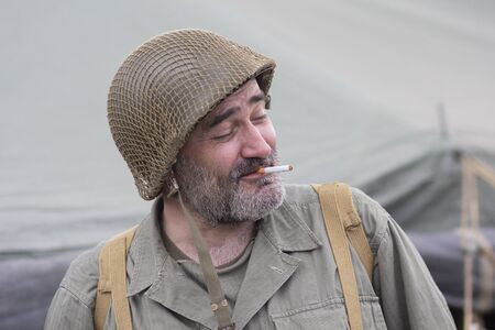 Kiev, Ukraine - May 9, 2018: Man in the form of a soldier of the American army of the Second World...