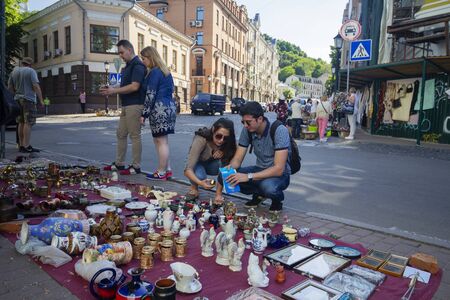 Kiev, Ukraine - May 19, 2019: Flea market in the Andrew's Descent - the historical part of the city