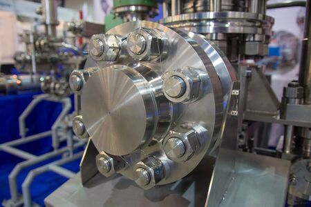 Industrial Factory equipment stainless tubes close up