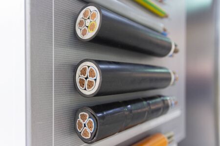Cross section of high-voltage cable. Thick copper veins are surrounded by a thick layer of polymer...