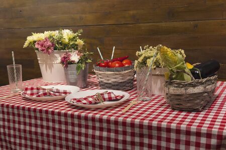Table serving with flowers and caged tablecloth in village style
