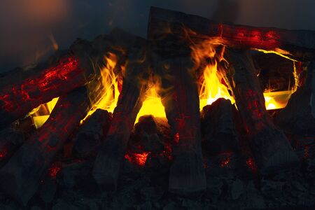 Bright fire in the fireplace close up. Houseの写真素材