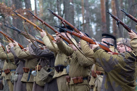 Vorzel, Ukraine - May 9, 2018: People in the Red Army in the form of a historical reconstruction of...
