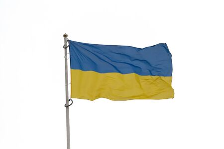 Ukrainian flag on the flag pole isolated on a white backgroundの写真素材