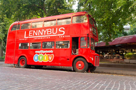 Kiev, Ukraine - July 28, 2019: Red double-decker red Bus cafe on the street in Kievのeditorial素材