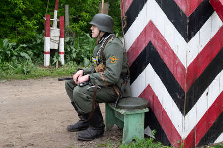 Kiev, Ukraine - May 09, 2019: Men in the clothes of soldiers of the German gendarmerie on historical reconstruction on the anniversary of victory in World War IIのeditorial素材