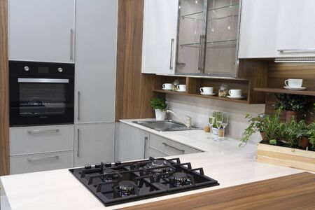 Modern kitchen in white and walnut wood interior houseの写真素材