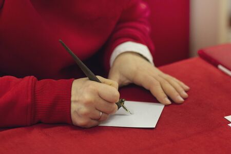 Female hands hold a pen for calligraphyの写真素材