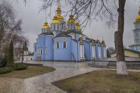 View of the St. Michaels Golden-Domed Monastery with cathedral and bell tower seen in Kiev, the Ukrainian Orthodox Churchの写真素材