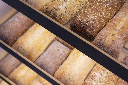 Fresh bread on the counter close-up. Bakeryの写真素材