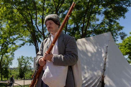 Kiev, Ukraine - May 27, 2018: Men in costumes of Cossacks at the festival of historical reconstructionのeditorial素材