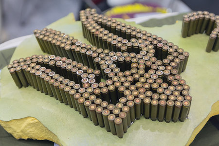 Coat of arms of Ukraine made from cartridge cases. Flags and symbols