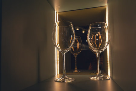 Shelf with many empty glasses in evening light. Interior