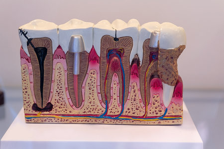 Model with samples of treatment and prosthetics of human teeth. Medicine