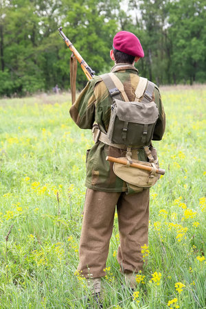 British paratrooper during World War II with a rifle. Historical reconstruction