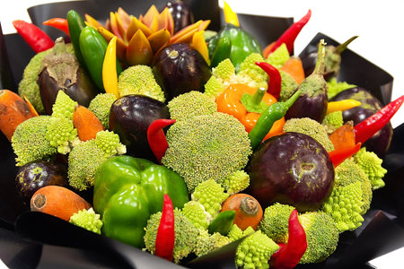 Broccoli, bell pepper, chili pepper, eggplant, carrots in assorted vegetables close-up. Foodの写真素材