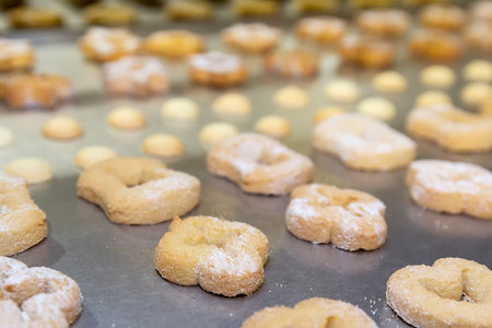 Automated biscuit cookies shape forming machine close-up. Foodの写真素材