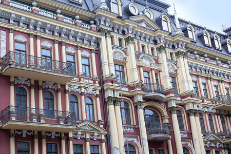 Facade of a beautiful classical style building with traces of destruction. Kiev, Ukraineの写真素材