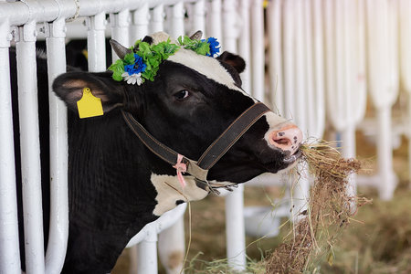 Purebred dairy cow eating forage from feeder in cowfarm. Agricultureの写真素材