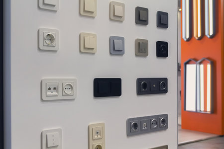 Electrical household switches and sockets on the stand in the store. Industryの写真素材