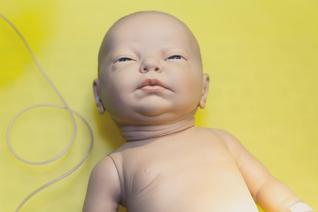 Mannequin infant in an incubator. Medical equipment