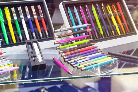 Various pens and stationery items at a stationery shopの写真素材