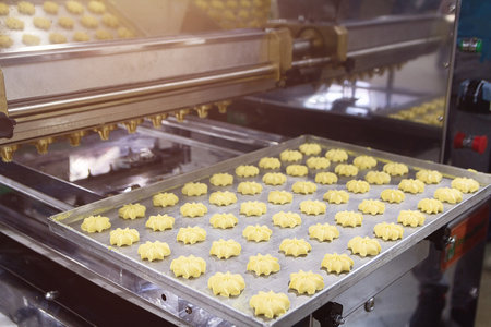Close up of automated biscuit cookies shape forming machine on a conveyor belt with cookie dough, biscuit. Foodの写真素材