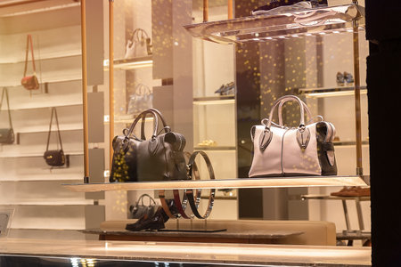 Boutique showcase with fashionable women's bags and accessories. Luxury goodsの写真素材
